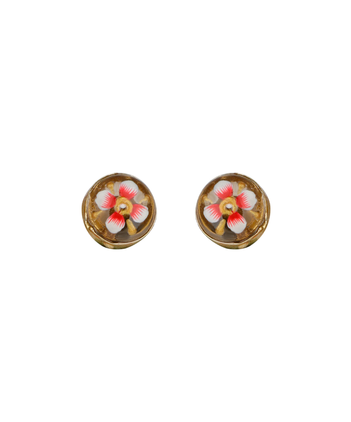 A pair of oval gold-toned stud earrings featuring a delicate hand-painted floral design in pink, red, and white enamel.