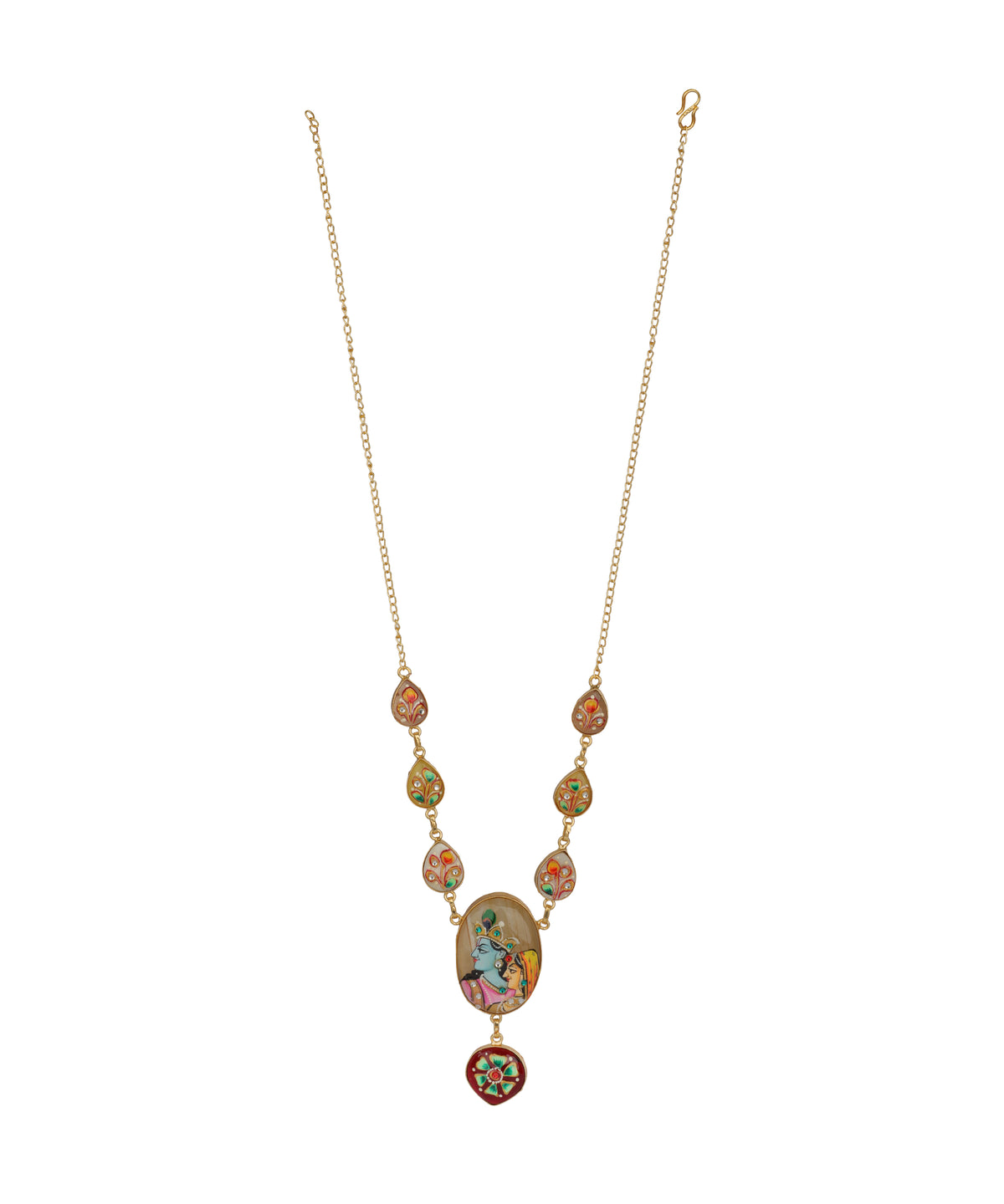 A gold chain necklace featuring a series of colorful, hand-painted glass cabochons and a central oval pendant with a floral illustration, set against a plain white background.