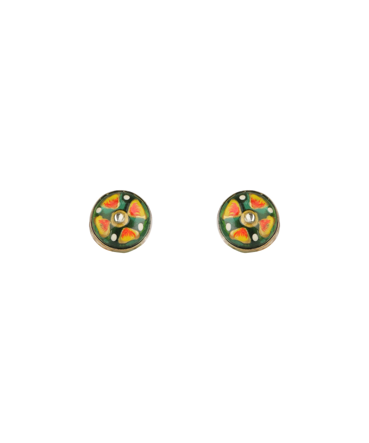 A pair of round enamel stud earrings with a green background and a floral pattern in orange, yellow, and white, set against a plain white background.