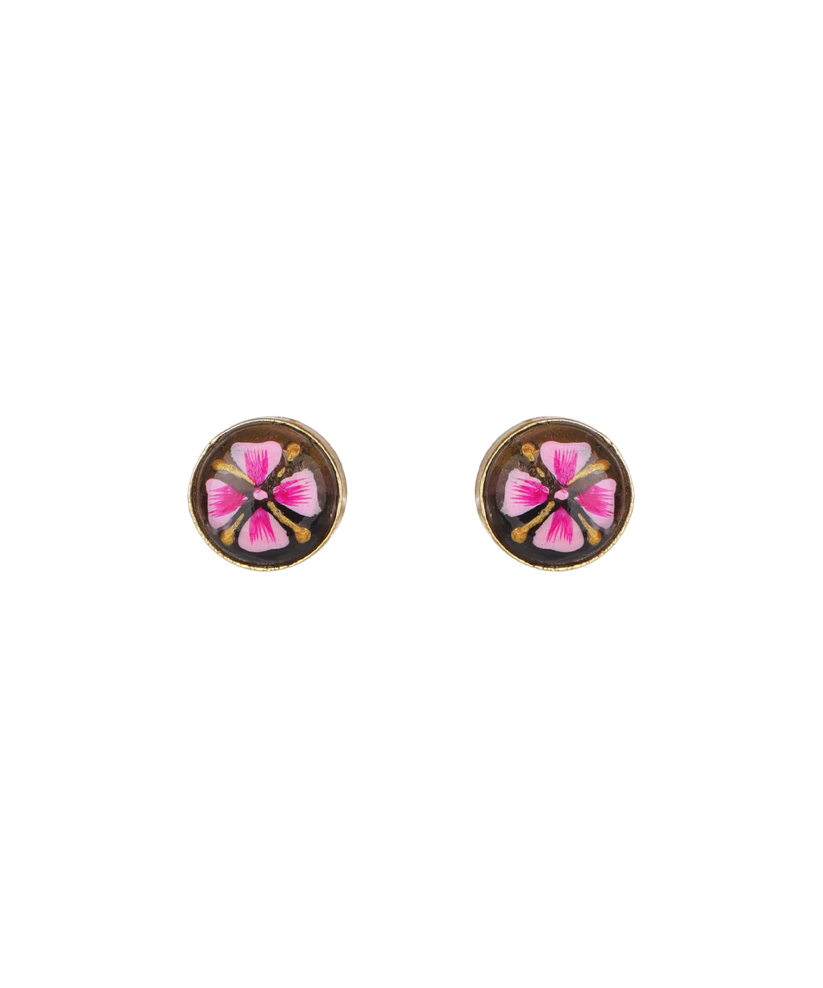 A pair of round stud earrings with a gold-tone border and a central pink flower motif on a dark background, shown on a plain white background.