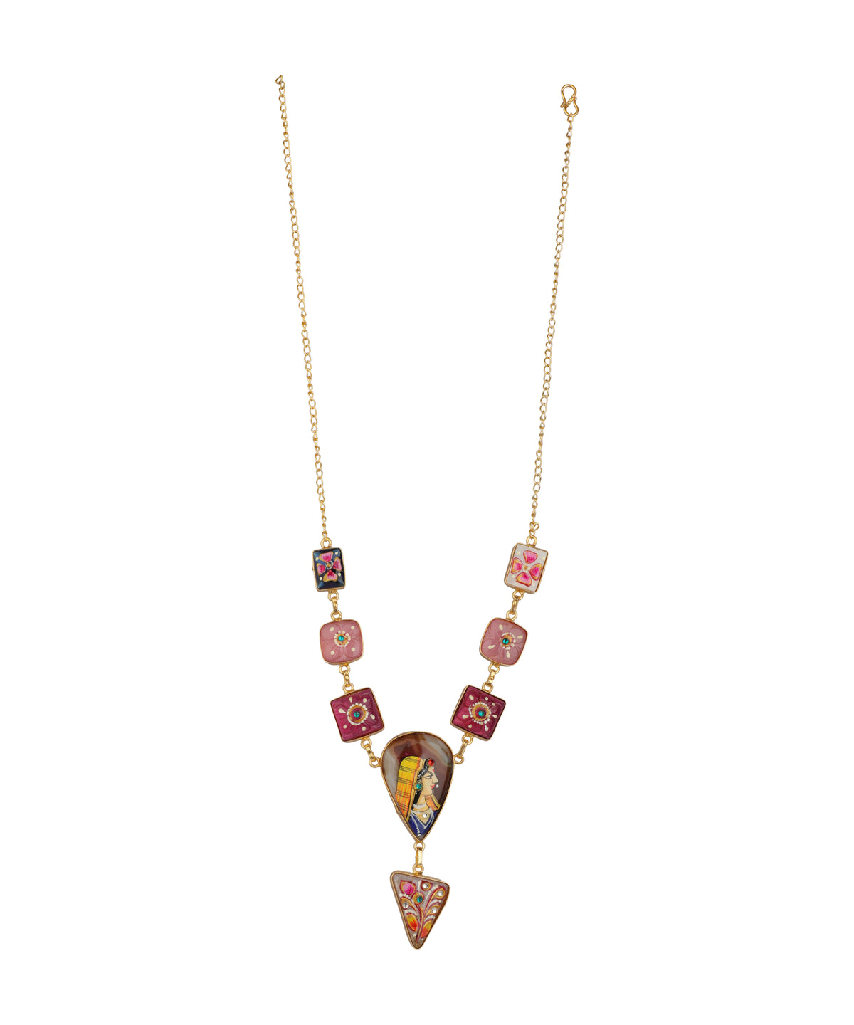 A gold chain necklace featuring a series of colorful, hand-painted glass beads and pendants in pink, red, yellow, and green, displayed against a solid white background.