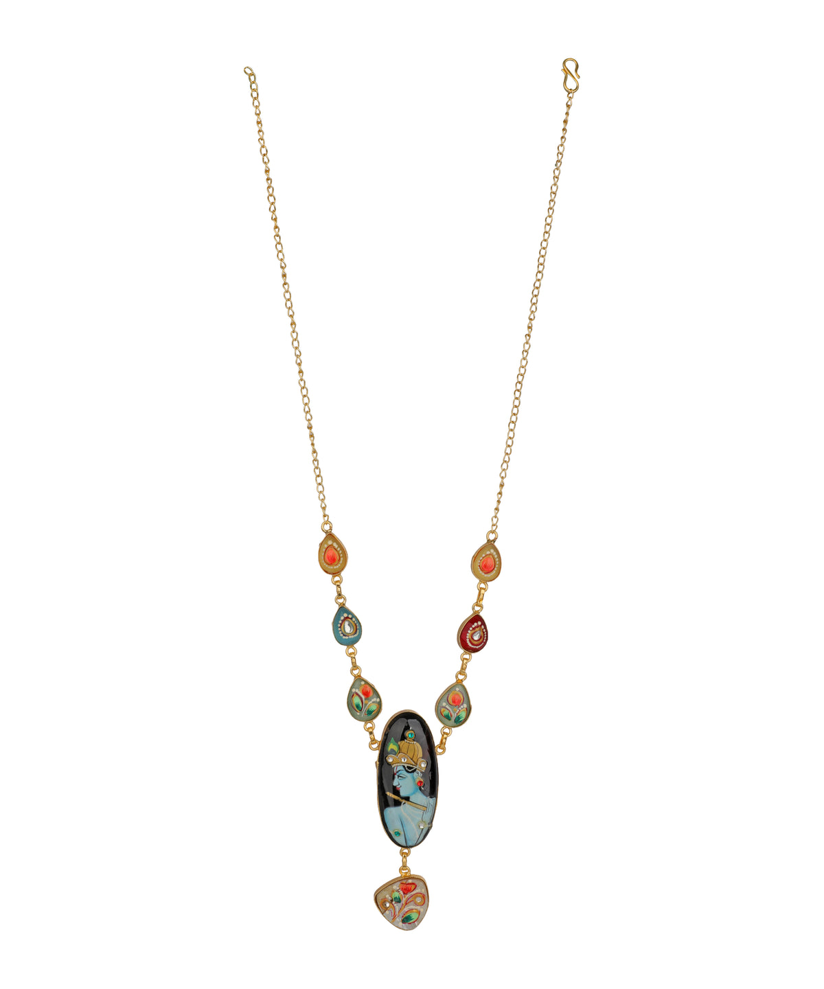 A gold-tone chain necklace featuring a series of colorful, hand-painted glass cabochons and pendants in shades of blue, red, orange, and green, displayed against a solid white background.