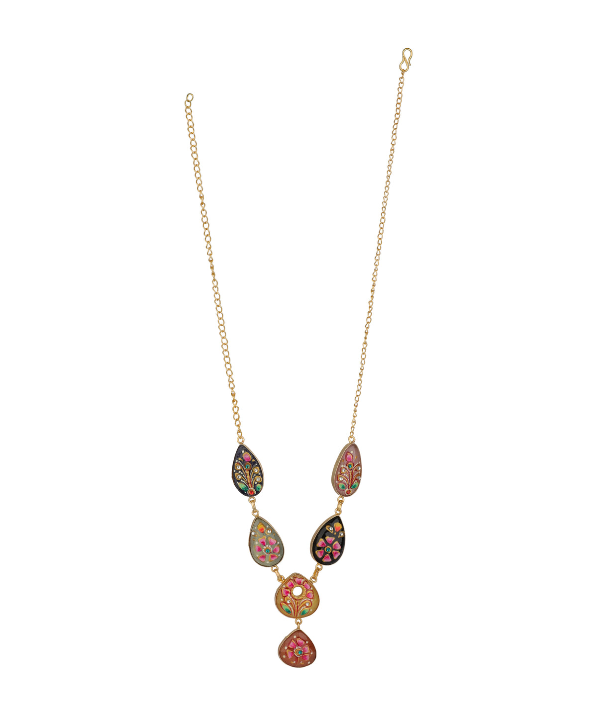 A gold-tone chain necklace featuring a series of colorful, teardrop-shaped pendant charms with intricate floral patterns in pink, green, and orange, set against a plain white background.