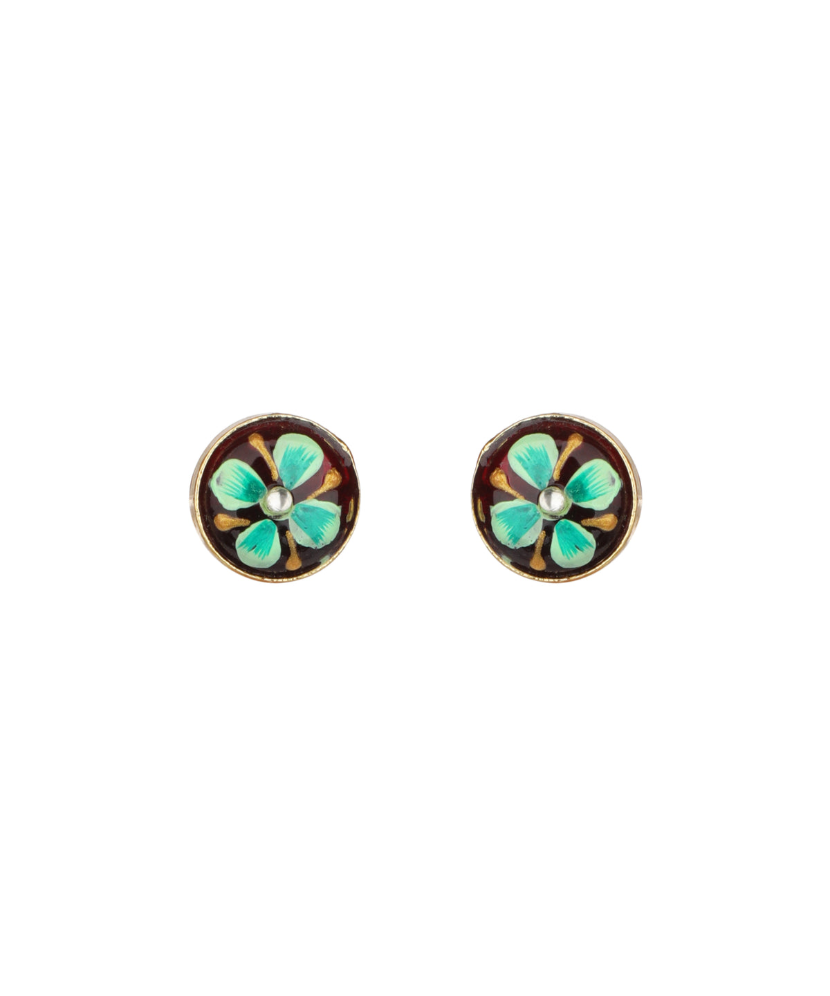 A pair of oval stud earrings featuring a turquoise and gold floral design on a dark brown background, with a small clear stone at the center of each.