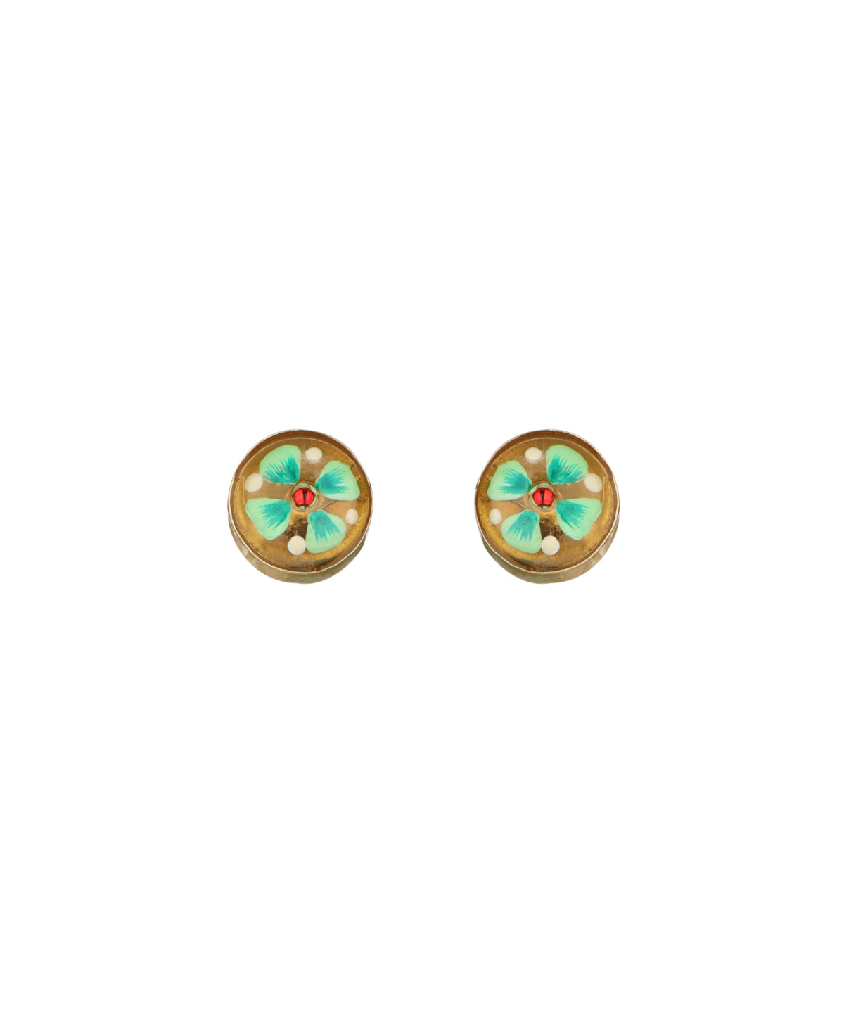 A pair of oval gold-toned stud earrings featuring a turquoise and green floral design with small white dots, set against a plain white background.