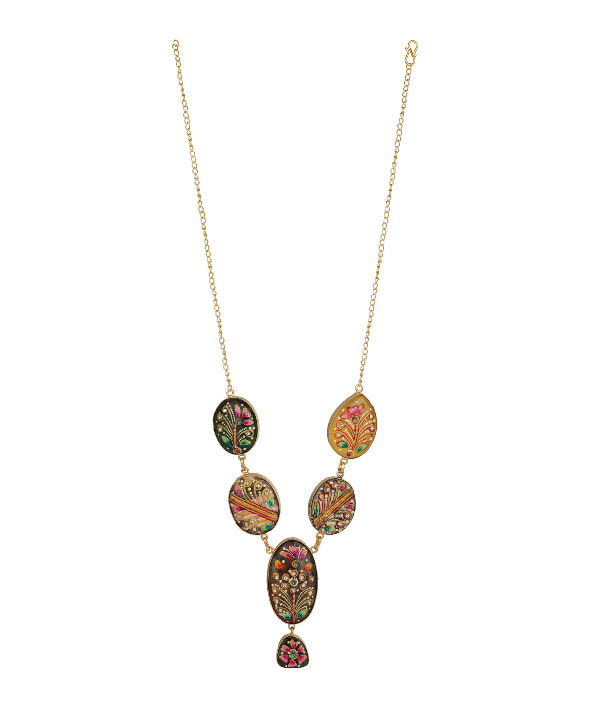 A gold chain necklace featuring five vertically stacked oval and teardrop-shaped charms decorated with intricate multicolor floral and paisley patterns, shown against a plain white background.