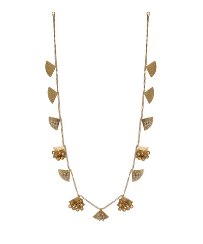 Gold-tone necklace with textured fan charms, faux pearls, and ghungroo-style bead clusters