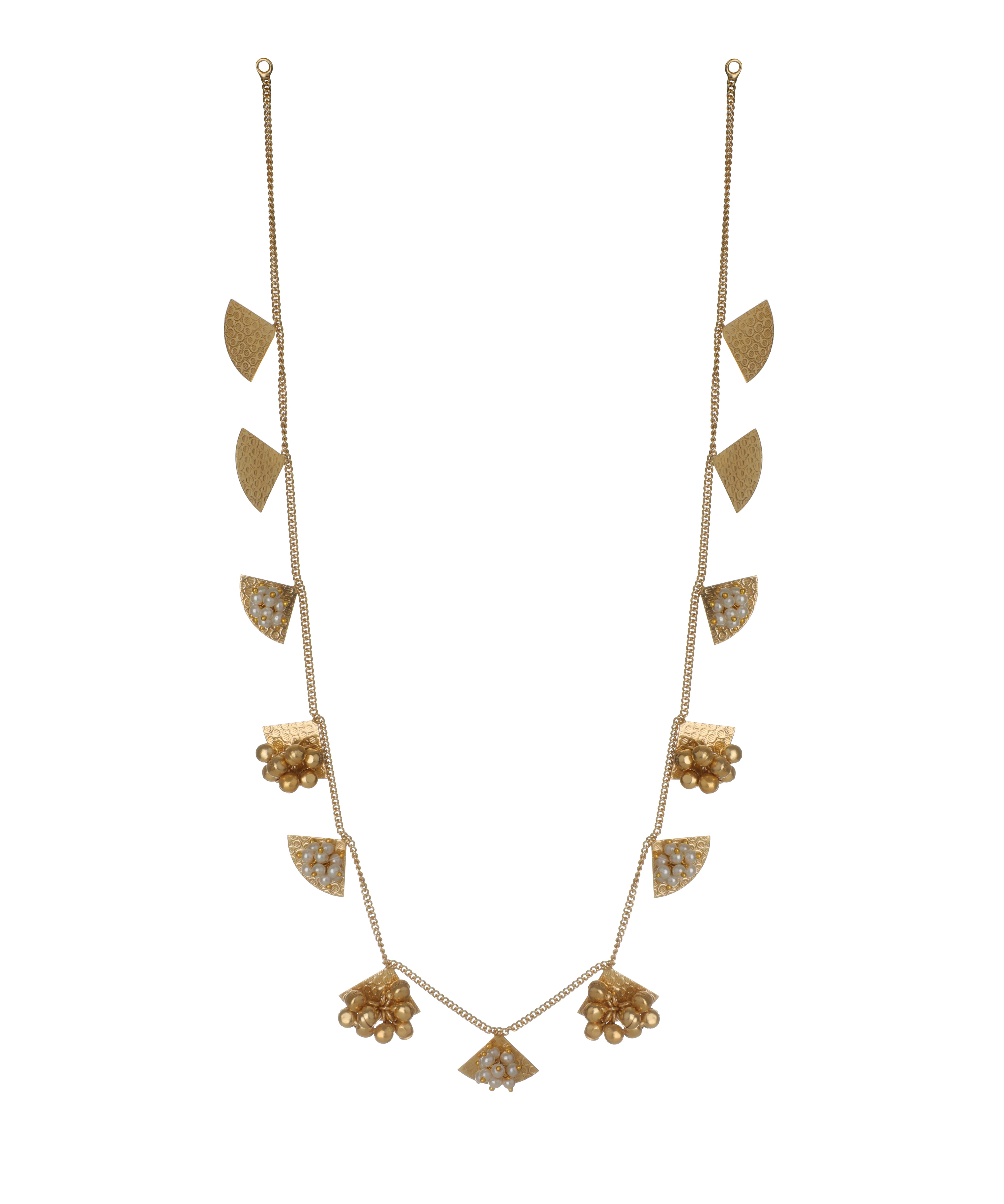 Gold-tone necklace with textured fan charms, faux pearls, and ghungroo-style bead clusters