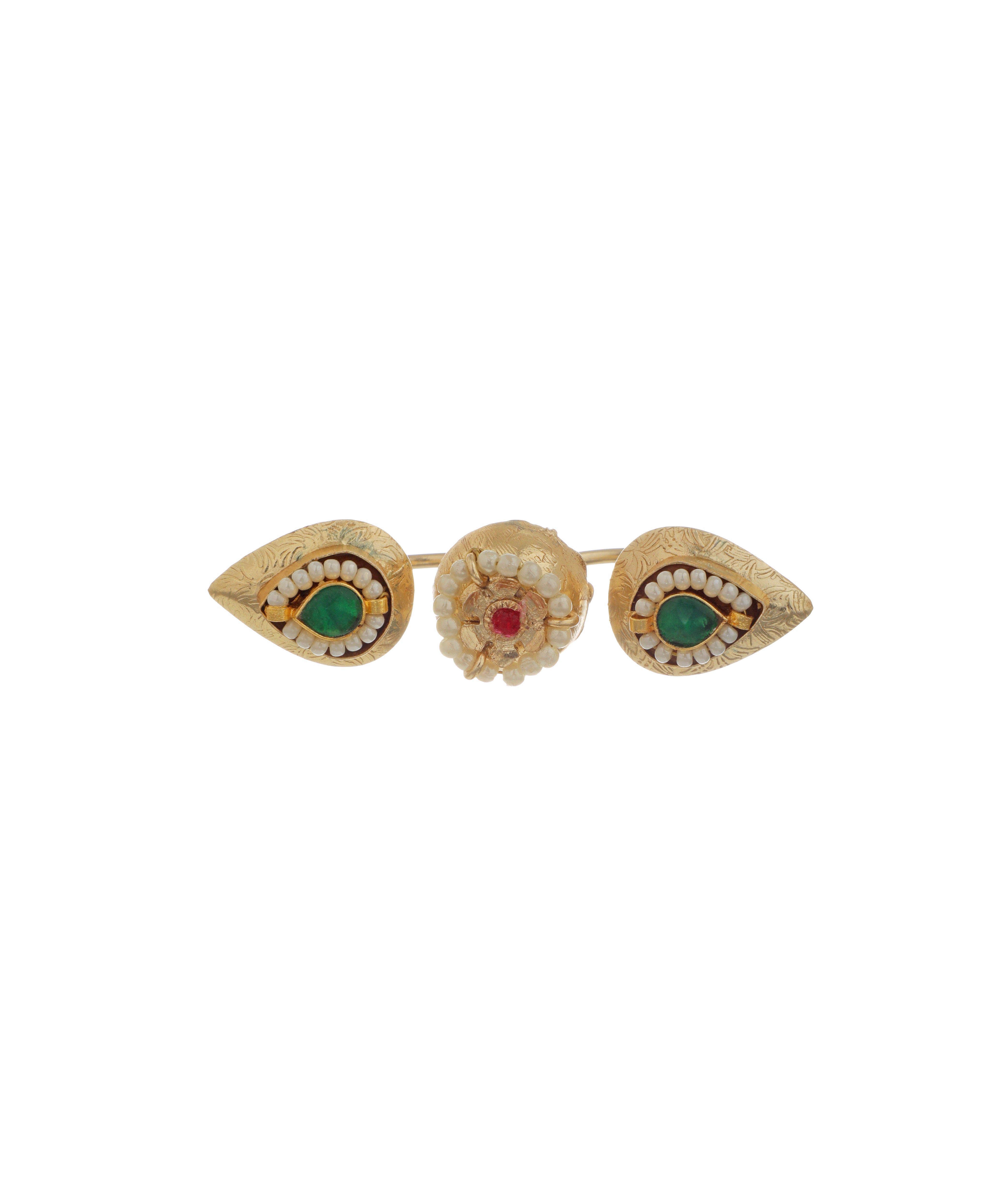 Oxidised Gold-Tone Ring with floral dome, green teardrop stones, and faux pearls