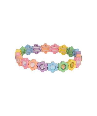 Multi-color flower bracelet with pastel resin beads and clear glass crystals on an elastic band