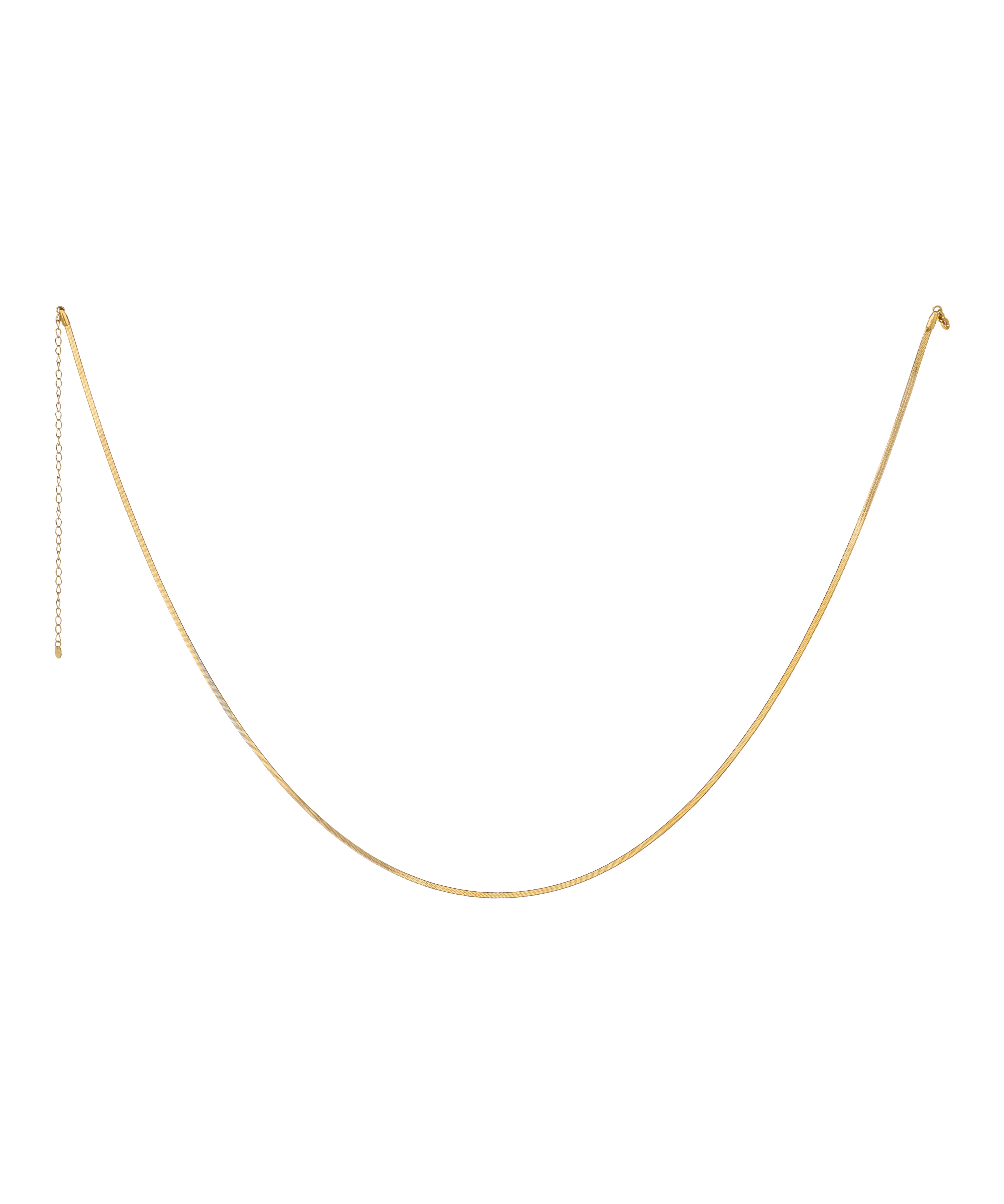 Gold-tone waist chain with a thin, flat snake chain design and adjustable extender