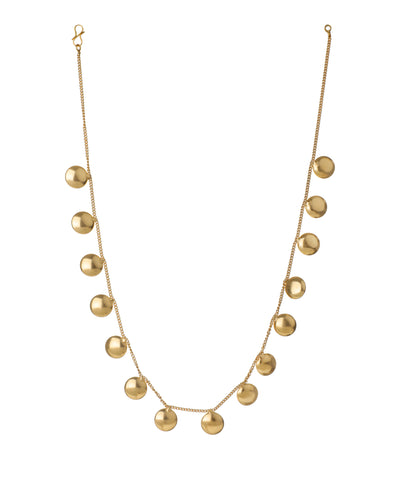 Gold-tone chain necklace with small, flat circular discs and matching earrings
