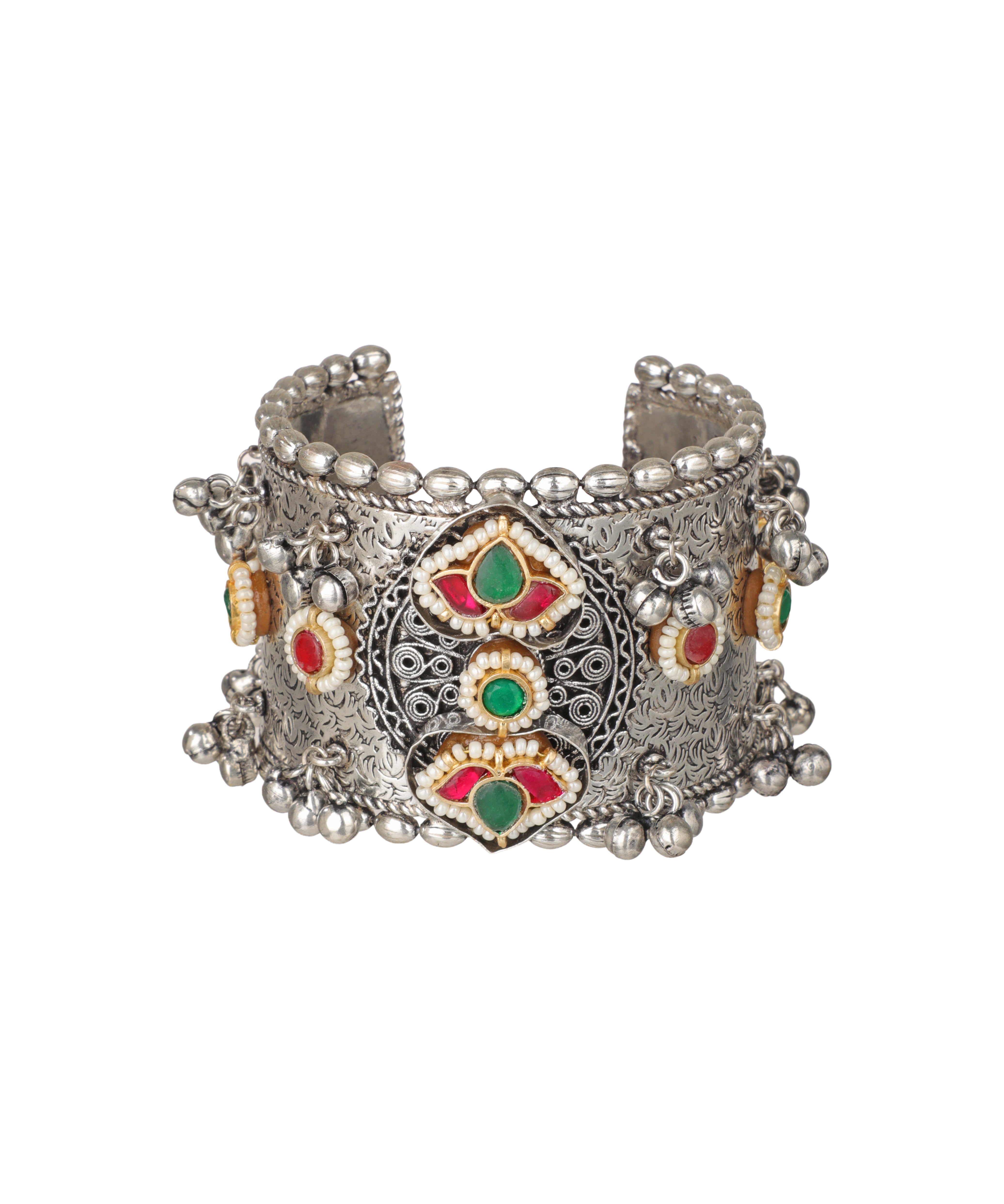 Oxidized silver-tone cuff bracelet with red and green stones, faux pearls, and dangle beads