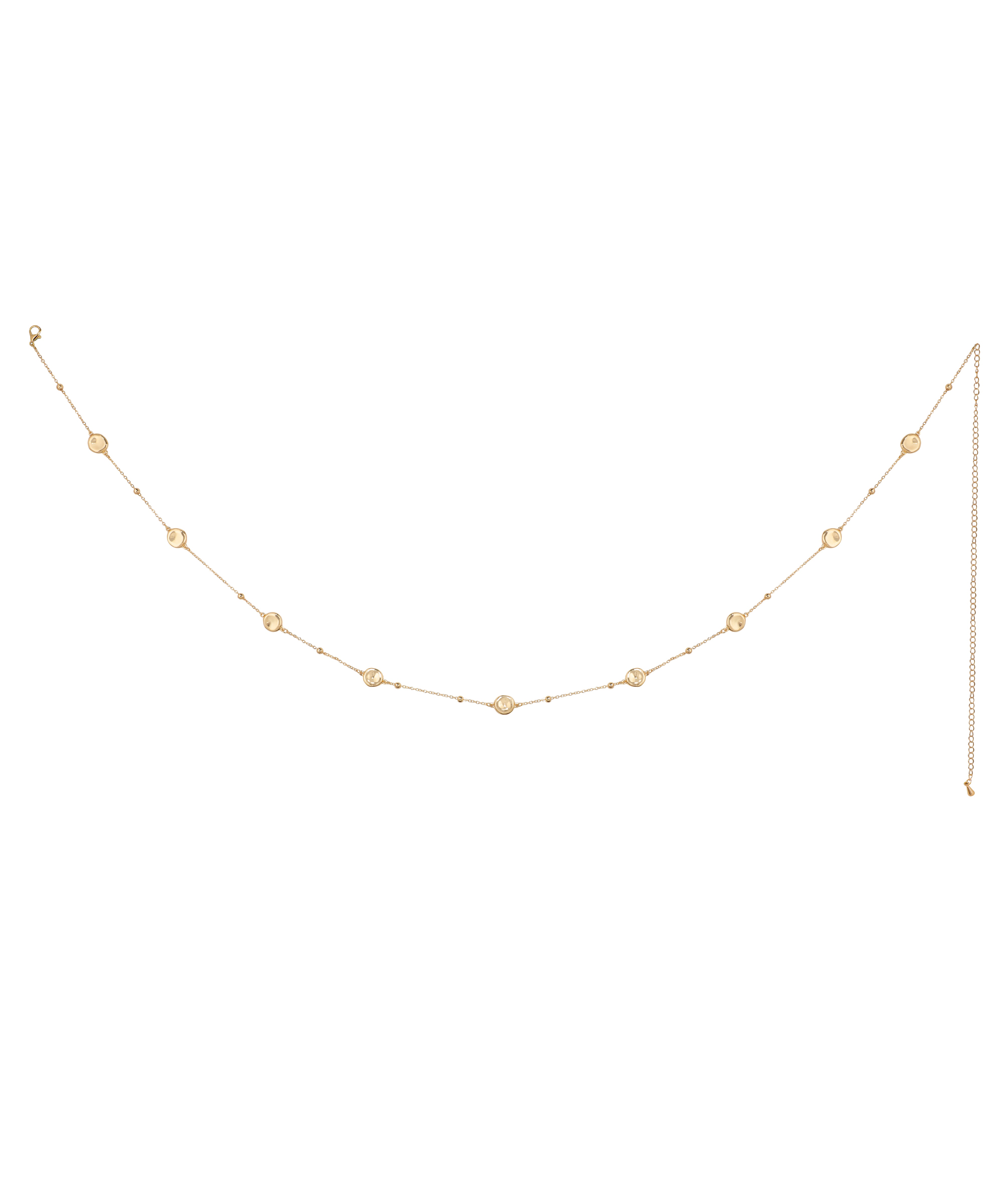 Gold-tone waist chain with delicate round disc stations and small metallic beads.