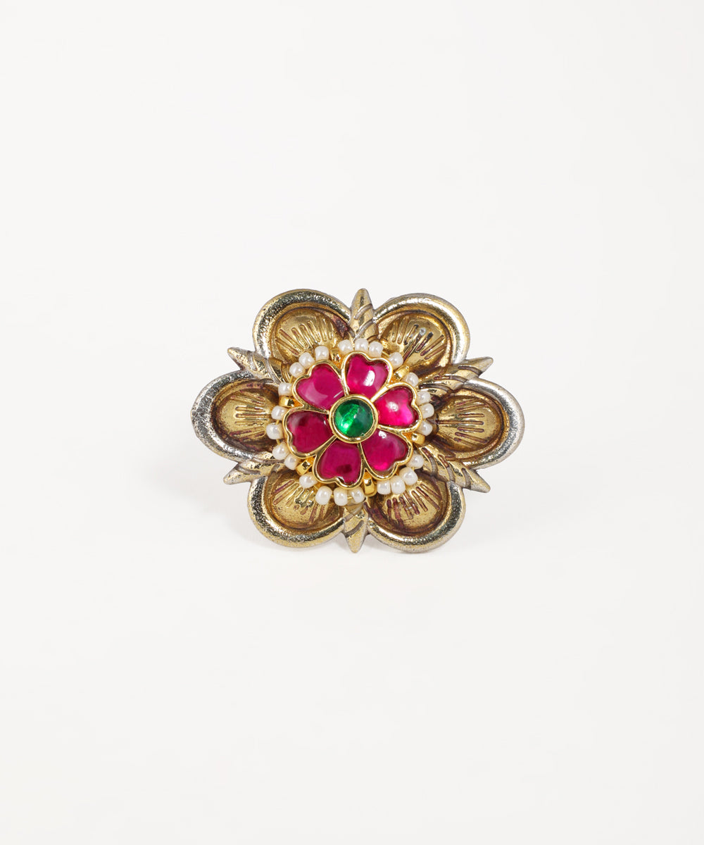 Oxidized and gold-tone floral ring with green, pink stones and small white pearls