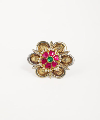 Oxidized and gold-tone floral ring with green, pink stones and small white pearls