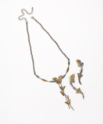 Oxidized and gold-tone butterfly necklace and matching long drop earrings