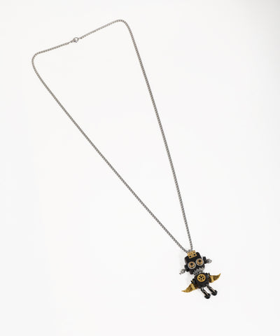 Silver-tone necklace with black and gold-tone steampunk robot pendant and wings