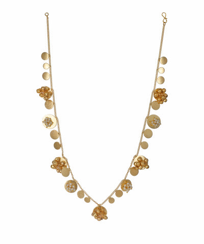 Gold-tone necklace with matte discs and faux pearl floral clusters
