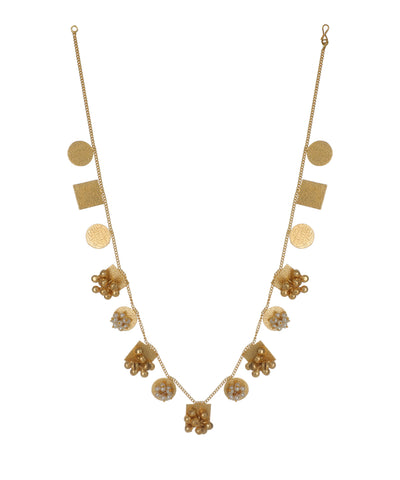 Gold-tone necklace and earring set with textured geometric shapes and faux pearl bead clusters