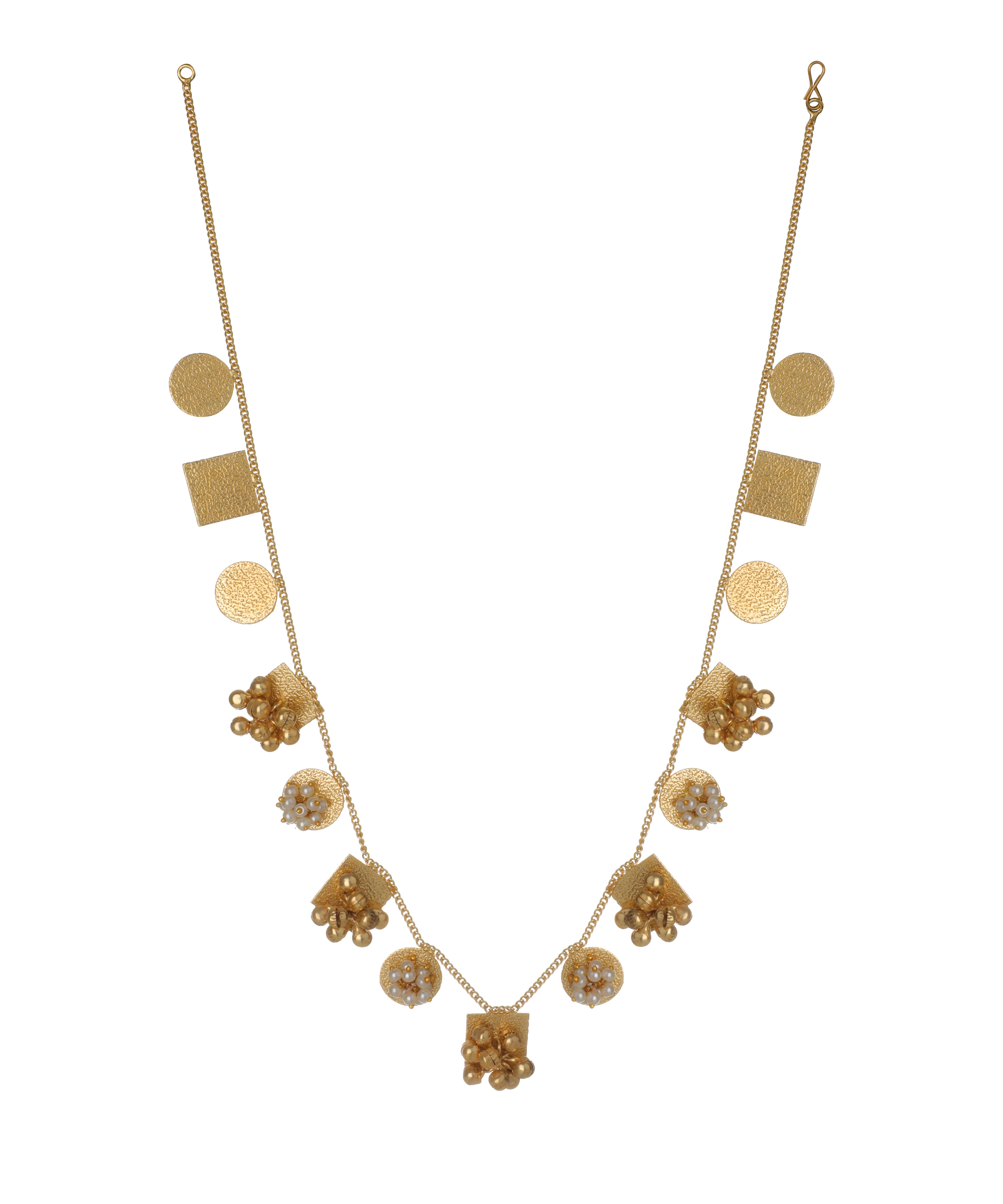 Gold-tone necklace and earring set with textured geometric shapes and faux pearl bead clusters