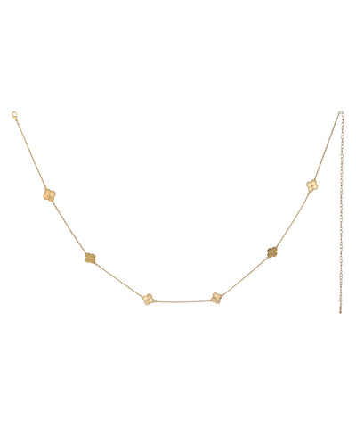 Gold-tone waist chain with delicate clover motifs and tiny central stones