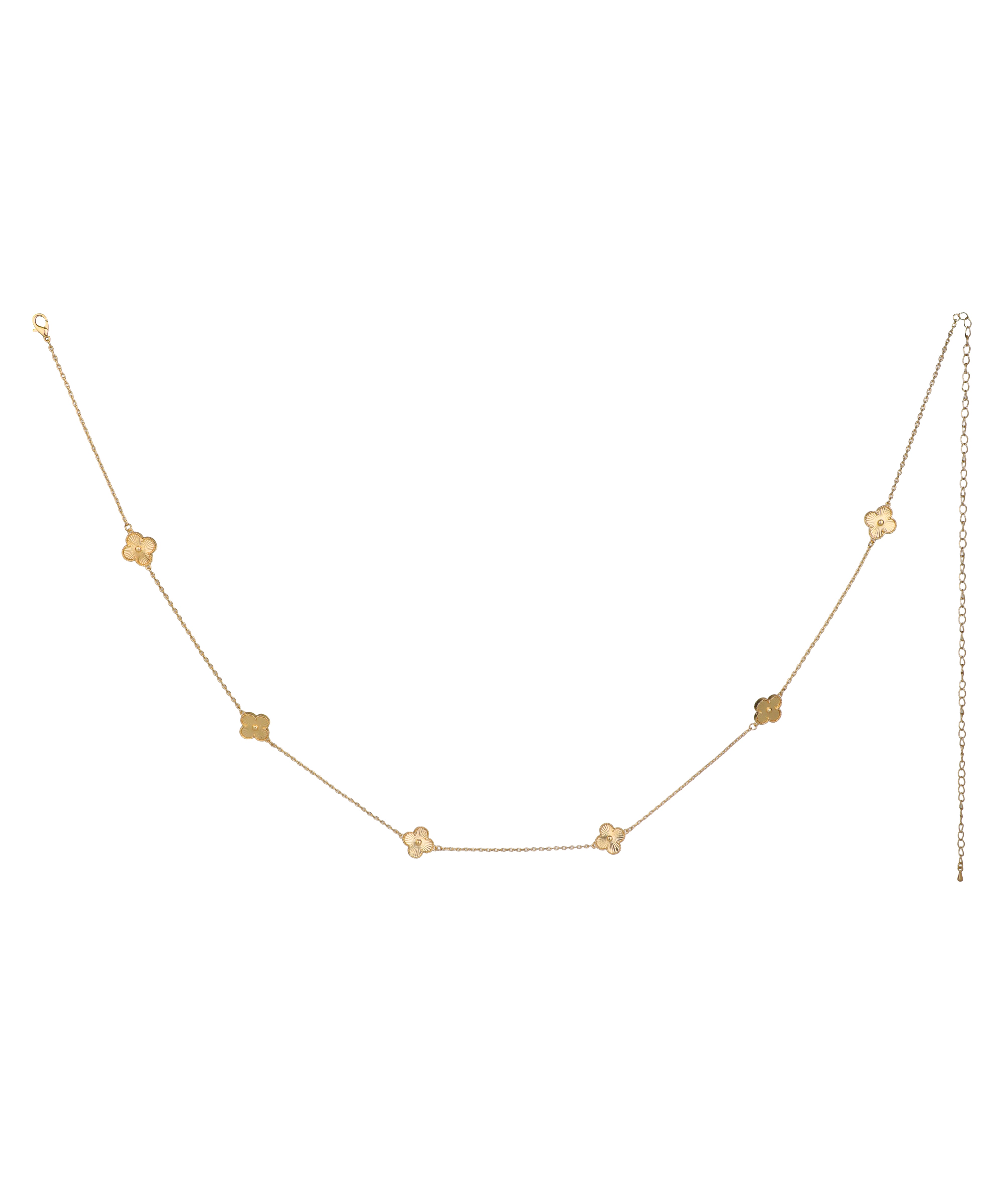 Gold-tone waist chain with delicate clover motifs and tiny central stones