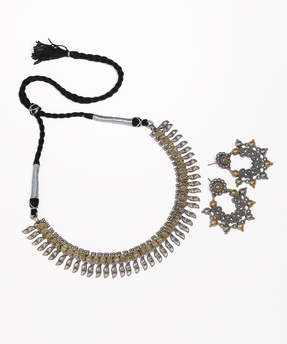 Dual-tone oxidized necklace with leaf drops and matching earrings