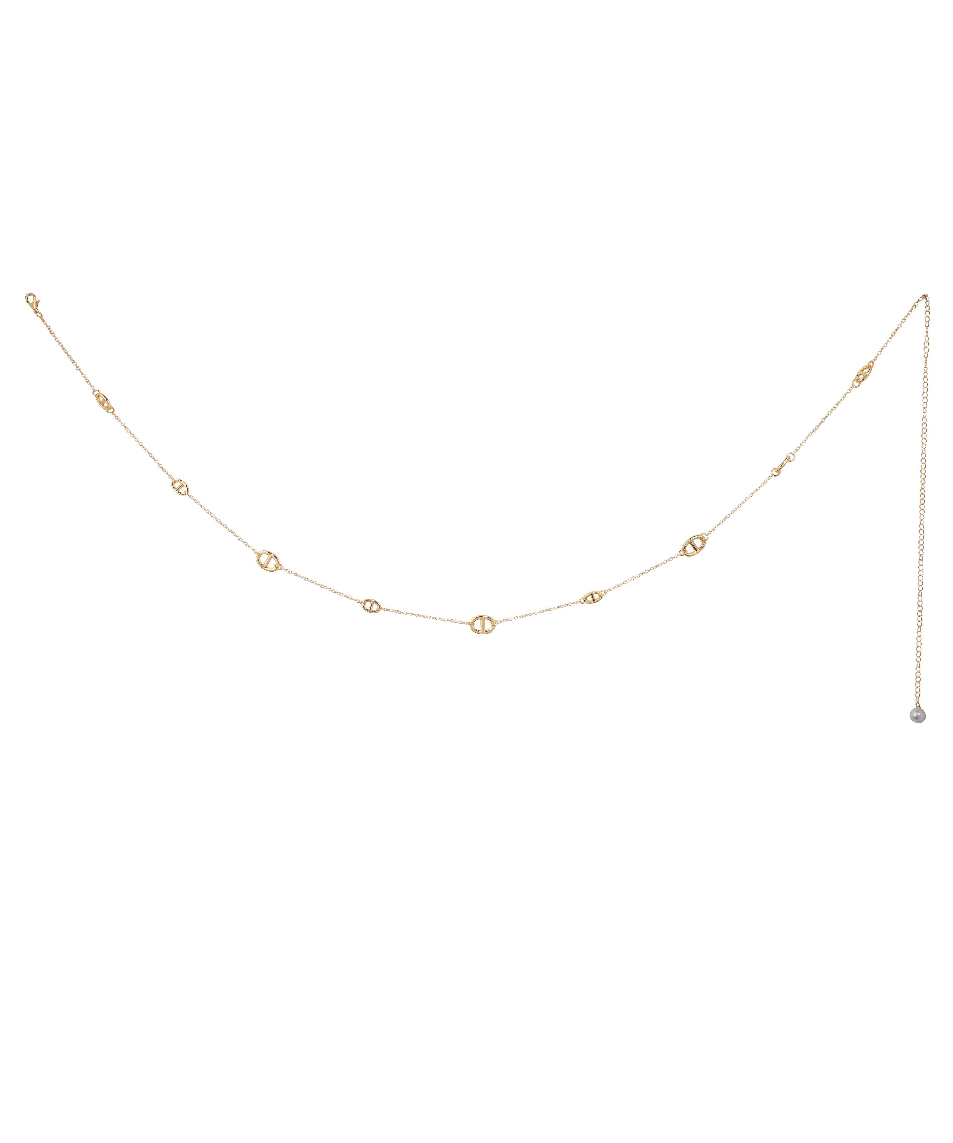Gold-tone waist chain with interlinked oval details and faux pearl drop