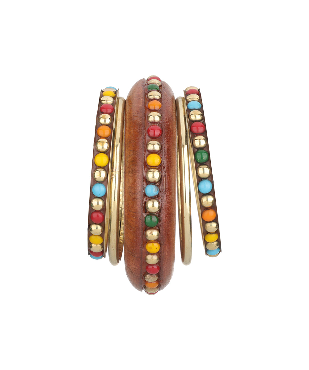 Wooden Kada with Stacked Bangles with enamel-style detail