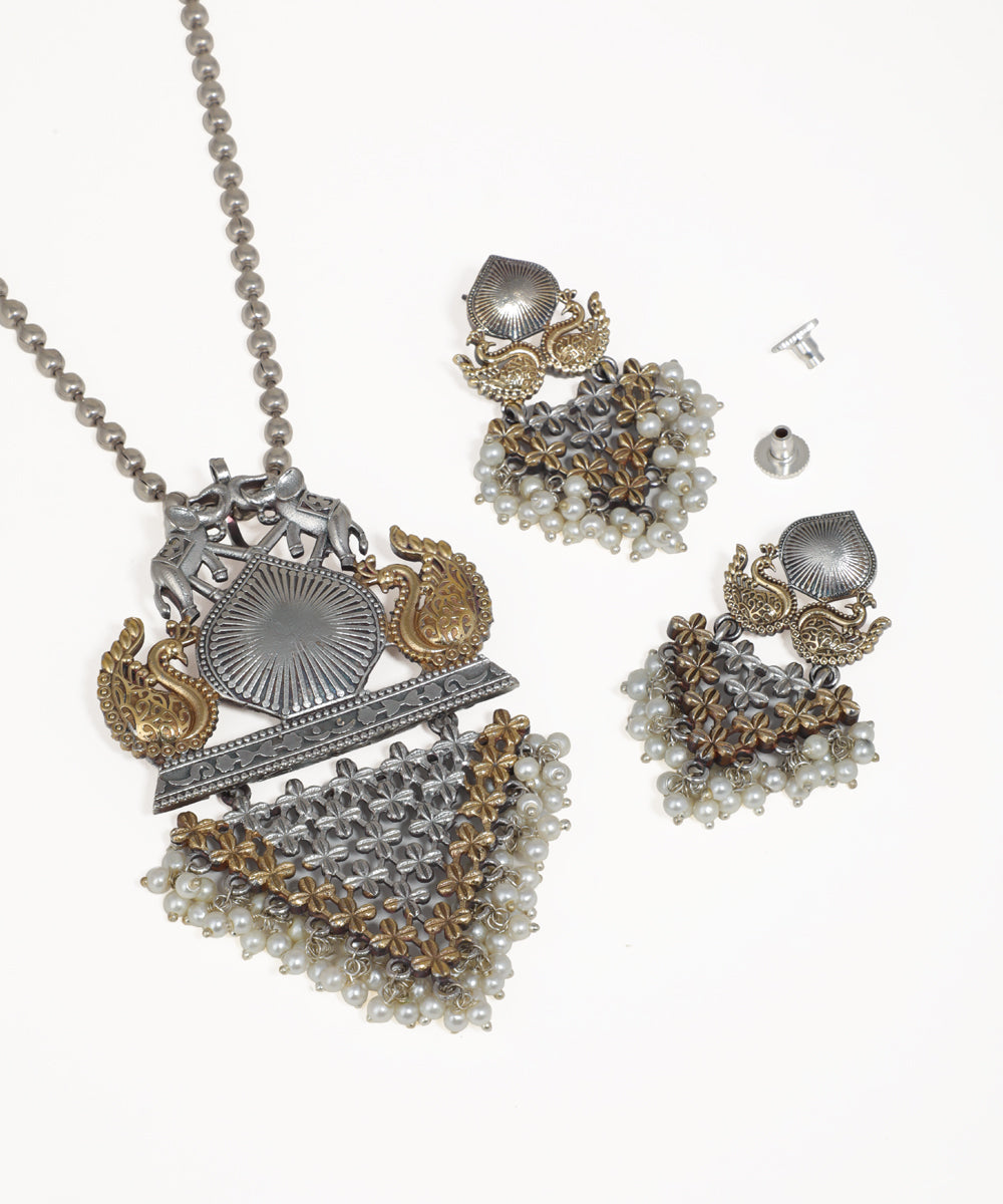 Ethnic oxidised pendant necklace set with elephant motifs, peacock details and earrings