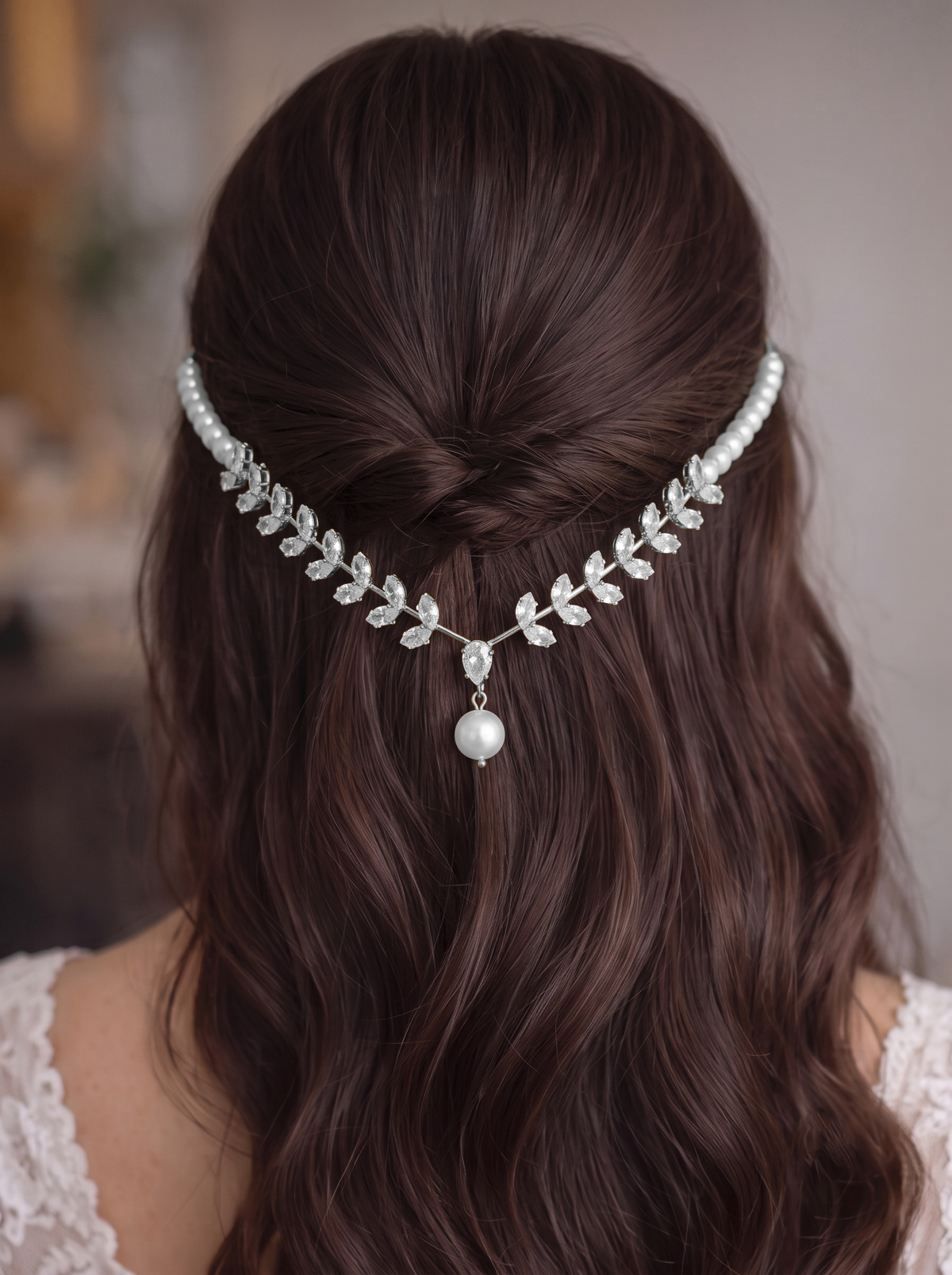 Leaf Motif Tiara with Hanging Drop Detail | Stylika