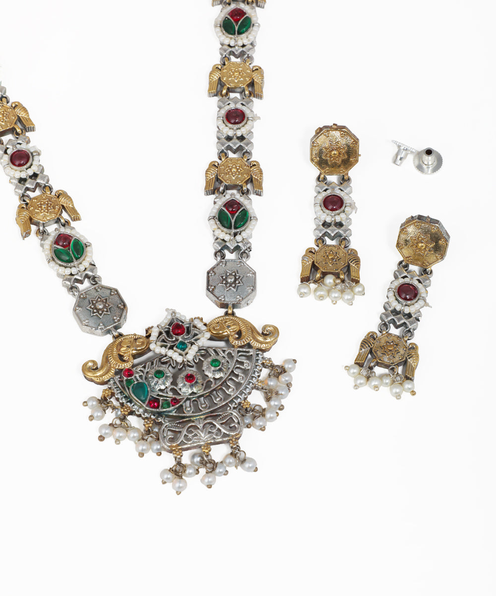 Oxidised elephant motif necklace set with pearl drops, multicolor stone accents and matching earrings