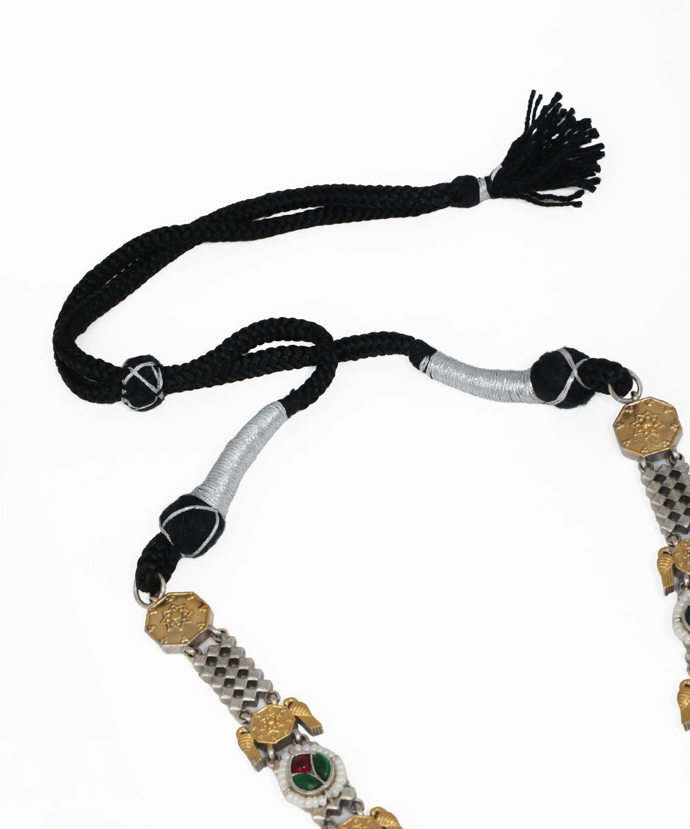 Oxidised silver ethnic necklace set featuring elephant motifs, colorful stones and pearl accents