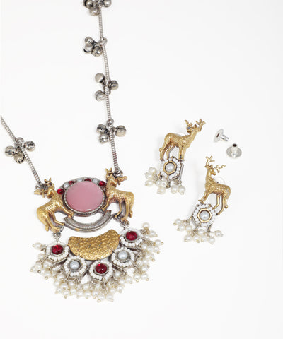 Indian oxidised necklace set with pearl drops and matching earrings