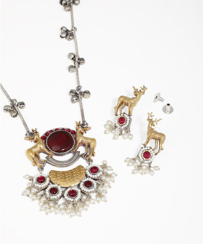 Animal motif oxidised necklace and earrings set with pearl embellishments
