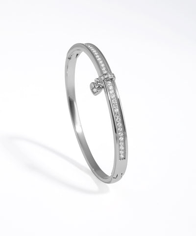 Pave Sparkle Heart Charm Bangle Bracelet | Stylika