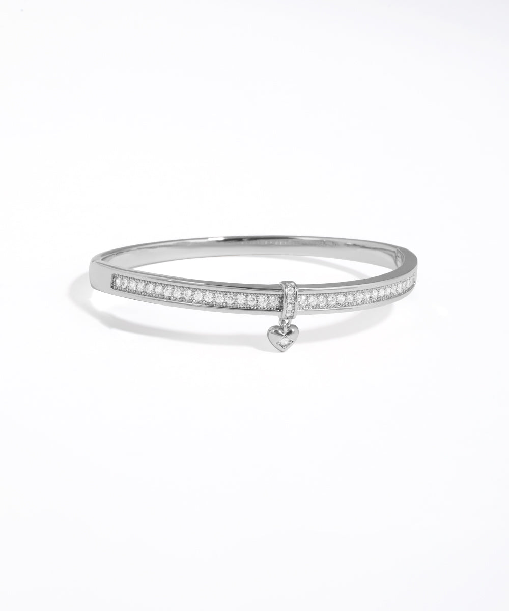 Pave Sparkle Heart Charm Bangle Bracelet | Stylika