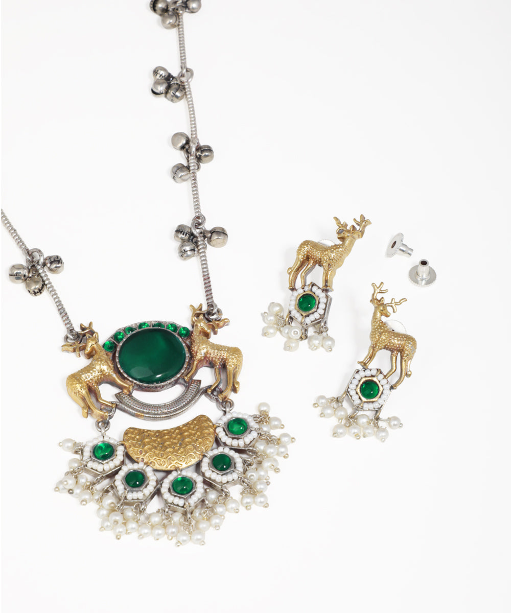 Statement deer motif necklace set with oxidised silver finish and matching earrings