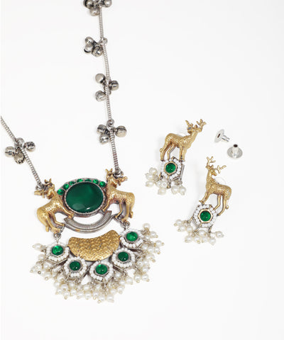 Statement deer motif necklace set with oxidised silver finish and matching earrings