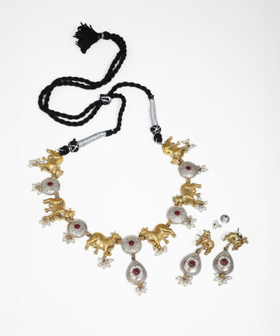 Handcrafted animal design oxidised jewelry set with pearl embellishments