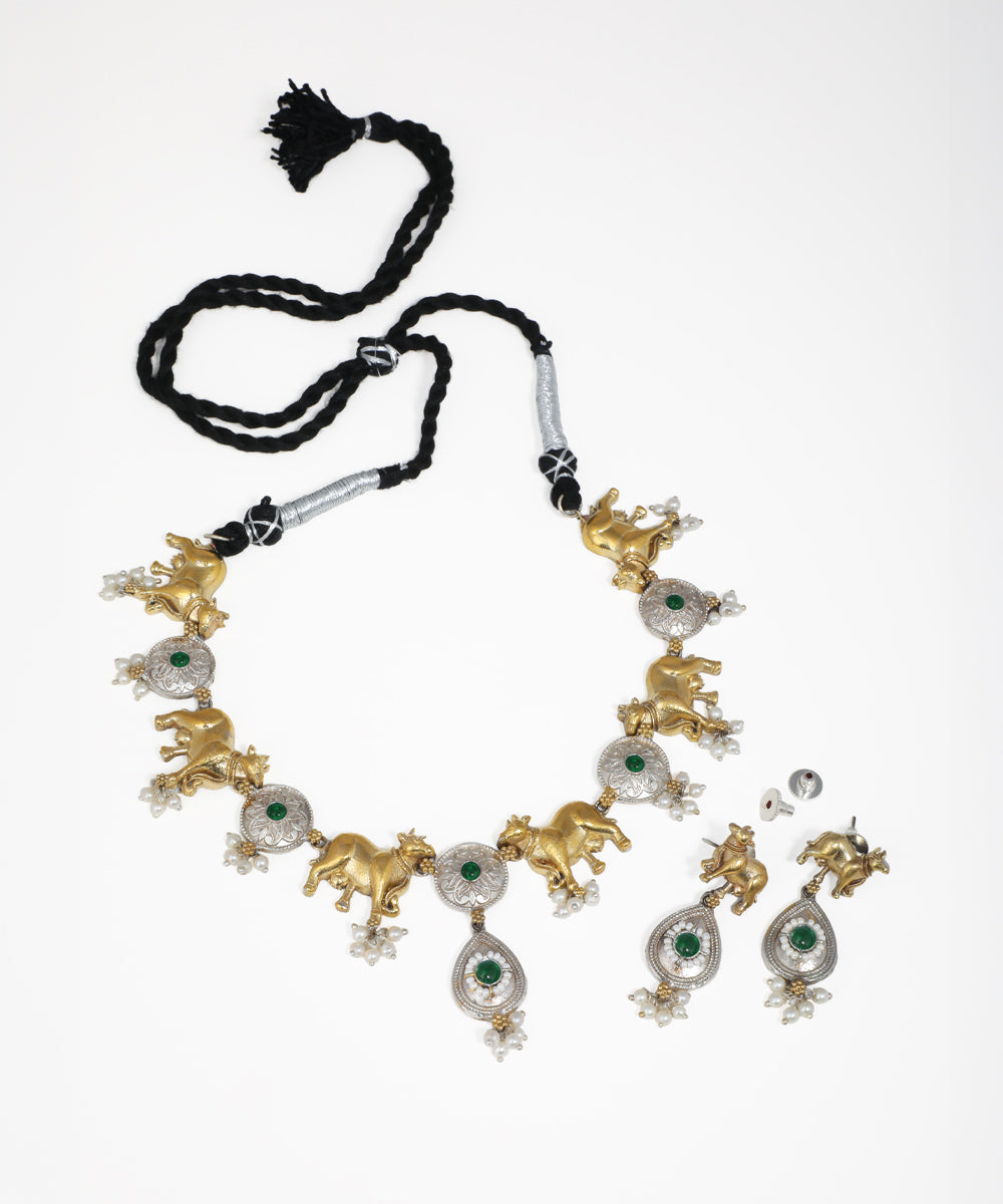Designer ethnic oxidised necklace and earrings set with animal-inspired detailing