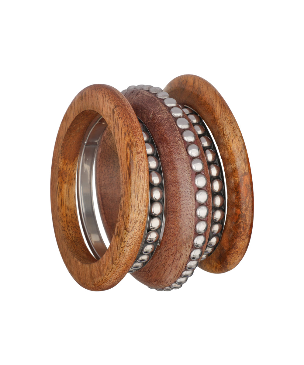 Layered cylindrical wooden kada and thin metallic bangles