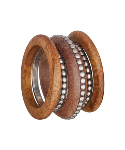 Layered cylindrical wooden kada and thin metallic bangles