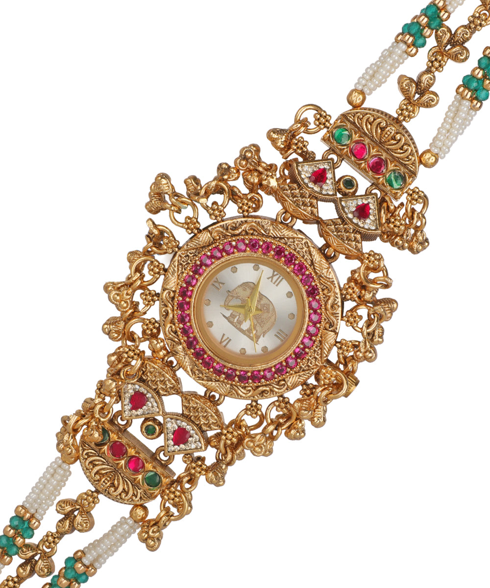 Gajalakshmi Heritage Watch Bracelet (Ruby+Green) | Stylika 