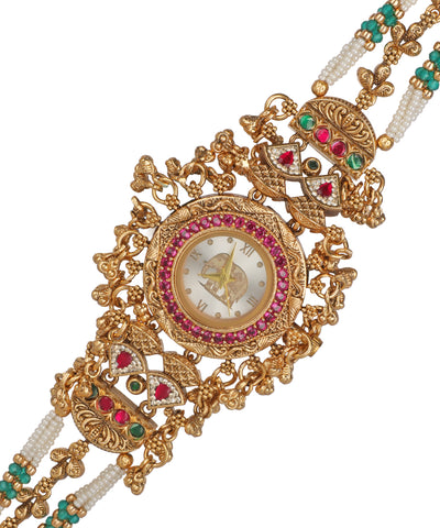 Gajalakshmi Heritage Watch Bracelet (Ruby+Green) | Stylika 