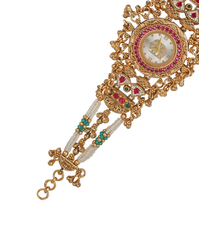 Gajalakshmi Heritage Watch Bracelet (Ruby+Green) | Stylika 