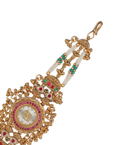 Gajalakshmi Heritage Watch Bracelet (Ruby+Green) | Stylika 