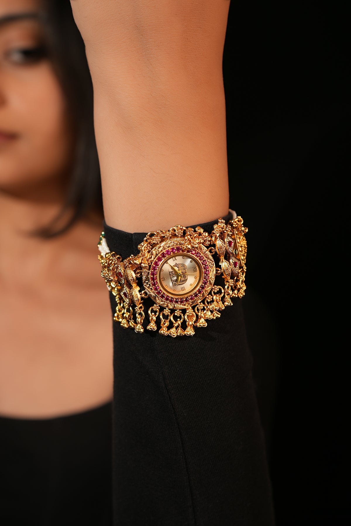 Gajalakshmi Heritage Watch Bracelet (Ruby+Green) | Stylika 