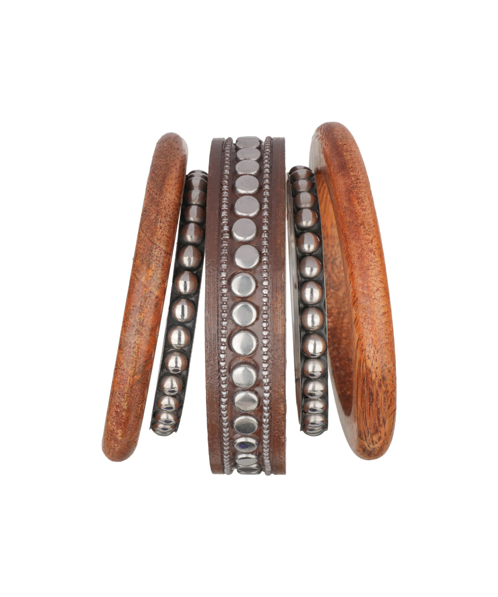 Wooden Kada with Stacked Bangles featuring bead motifs